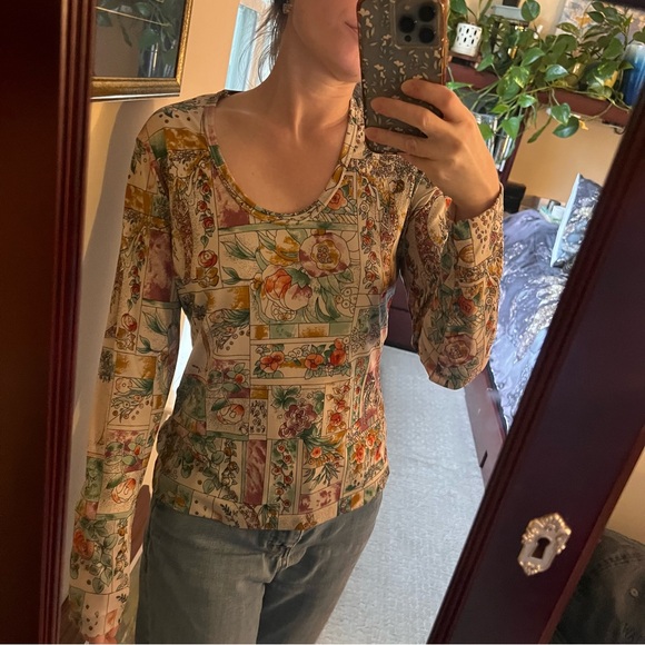 Rare 1970s vintage floral flowers print art nouveau long sleeve top geometric - Picture 7 of 13